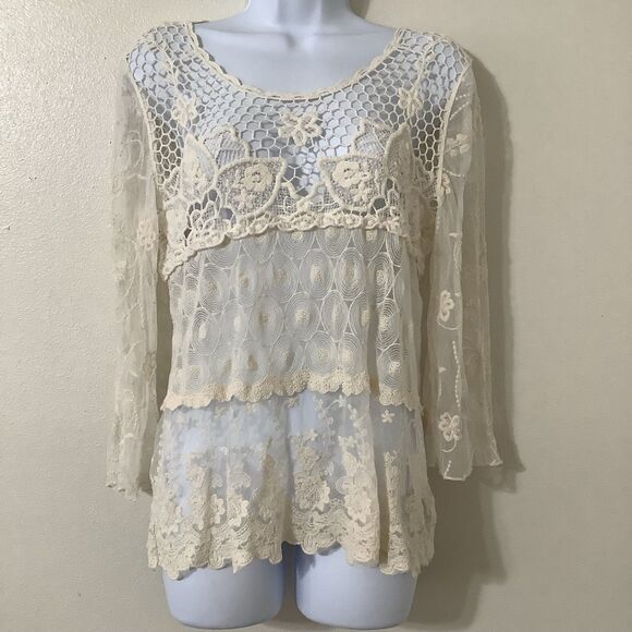 Cream Sheer Lace Crochet Fairycore Fairy Bohemian Hippie Boho Lagenlook Top M - Picture 1 of 7